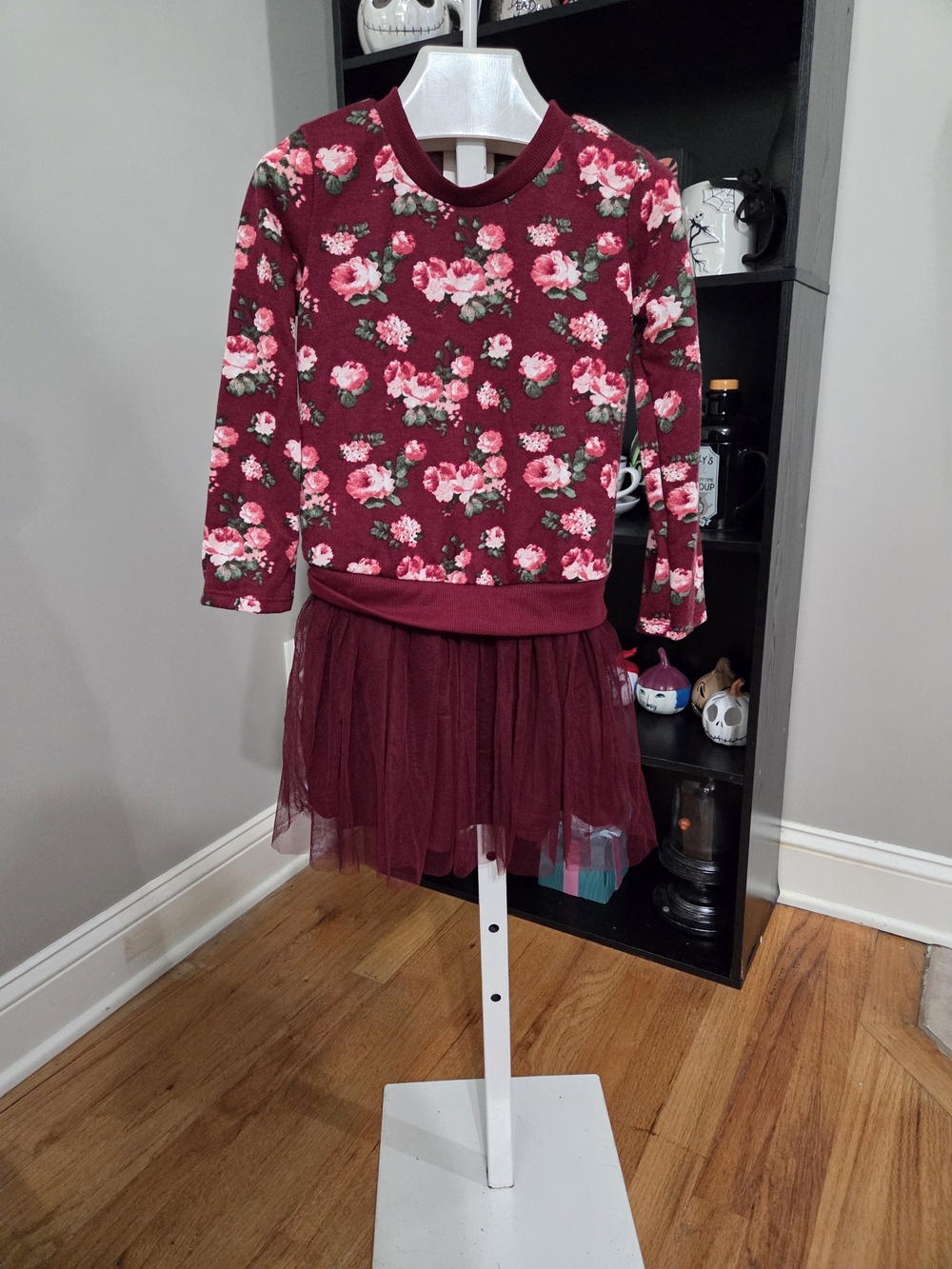 Burgundy Floral Sweatshirt Dress with Tulle Skirt